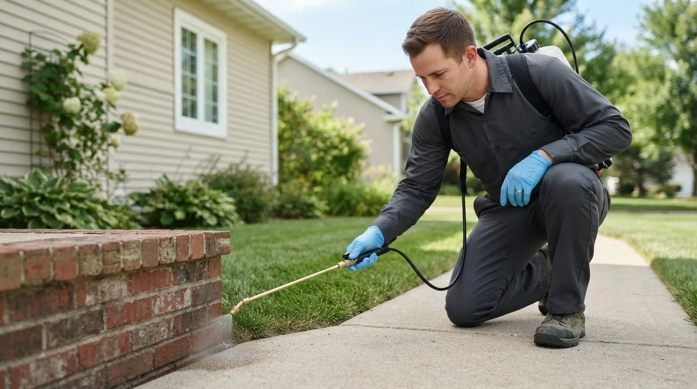 Pest control technician treating a home near Cosmos, MN