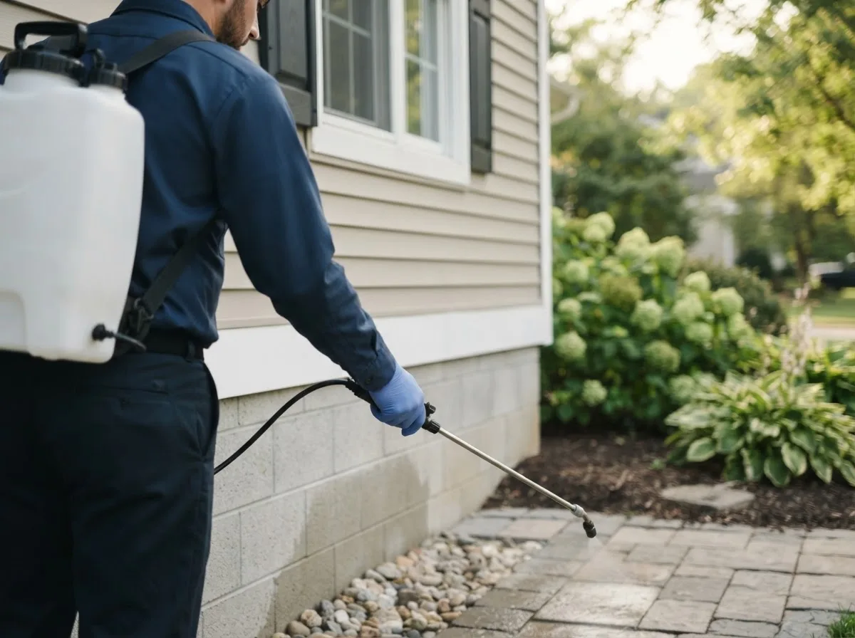 Pest control technician inspecting a home in Cosmos, MN